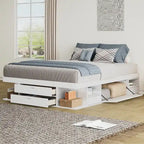 White Queen Platform Bed - with 6 Drawers & Storage Shelves