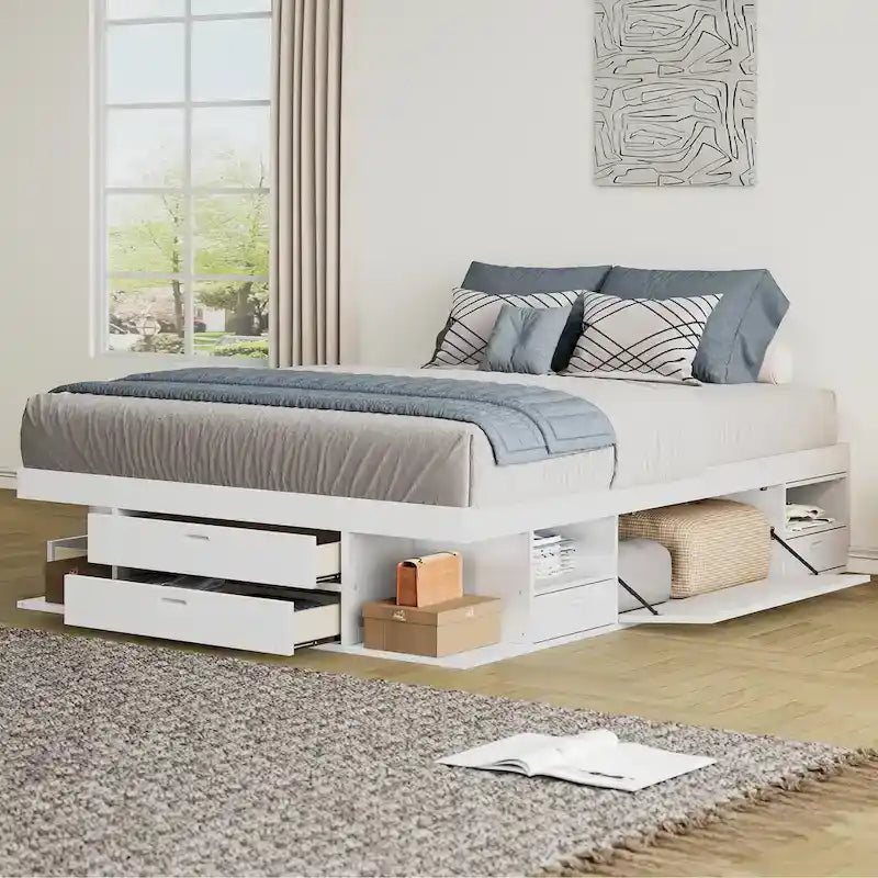 White Queen Platform Bed - with 6 Drawers & Storage Shelves