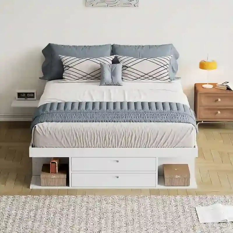 White Queen Platform Bed - with 6 Drawers & Storage Shelves
