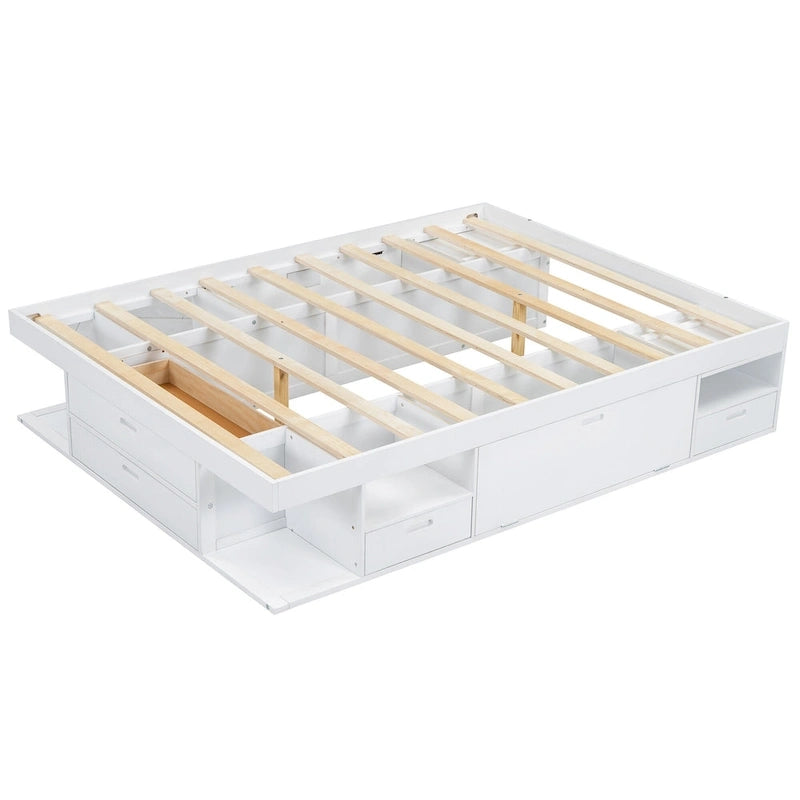 White Queen Platform Bed - with 6 Drawers & Storage Shelves
