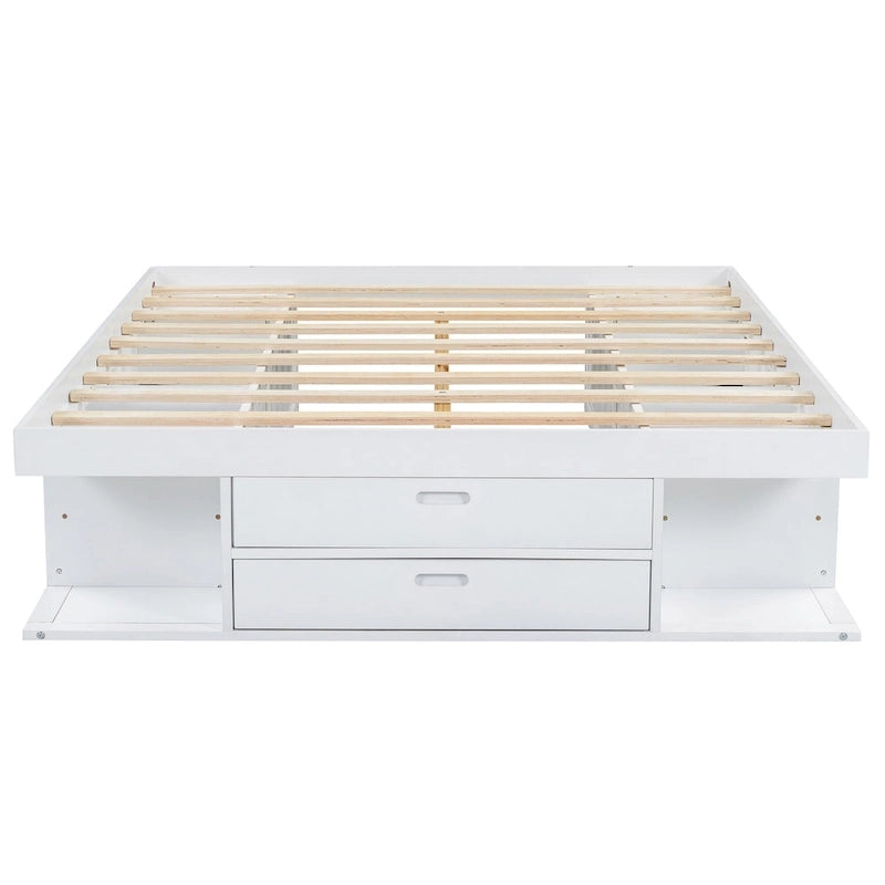 White Queen Platform Bed - with 6 Drawers & Storage Shelves