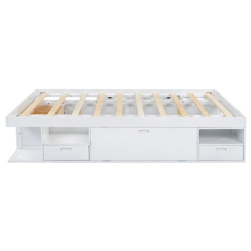 White Queen Platform Bed - with 6 Drawers & Storage Shelves