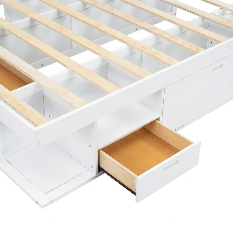 White Queen Platform Bed - with 6 Drawers & Storage Shelves
