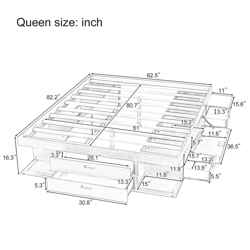 White Queen Platform Bed - with 6 Drawers & Storage Shelves