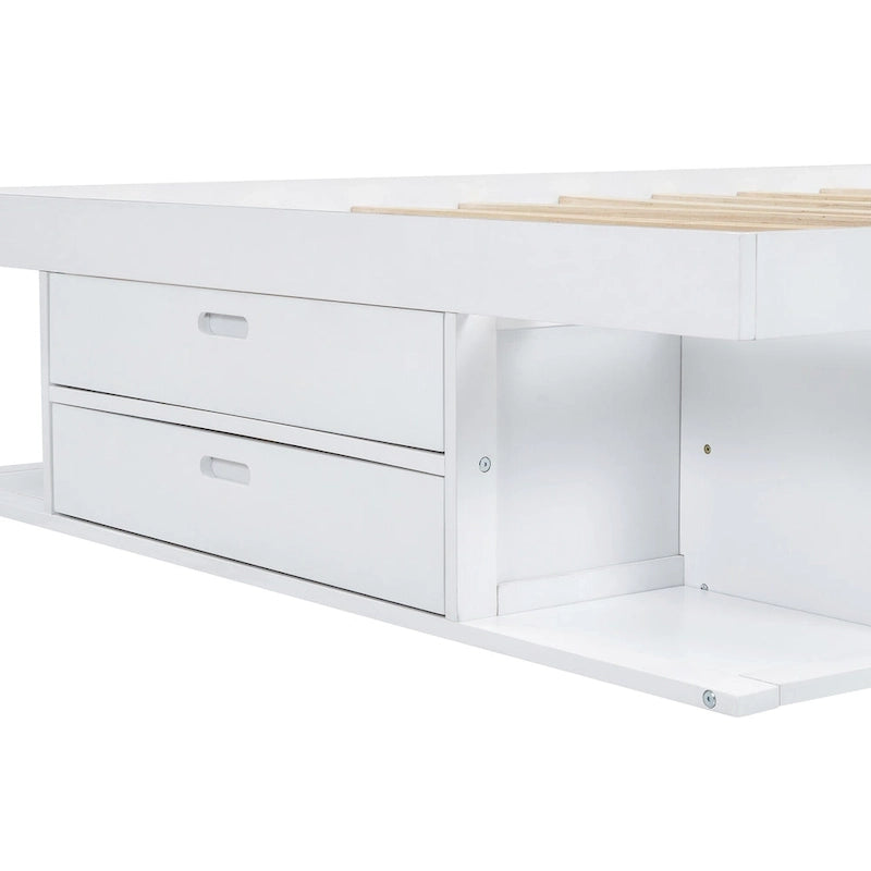 White Queen Platform Bed - with 6 Drawers & Storage Shelves