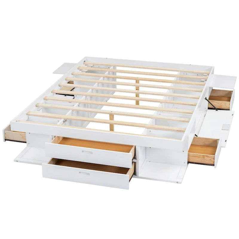 White Queen Platform Bed - with 6 Drawers & Storage Shelves