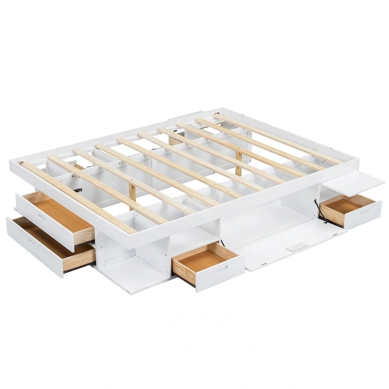 White Queen Platform Bed - with 6 Drawers & Storage Shelves