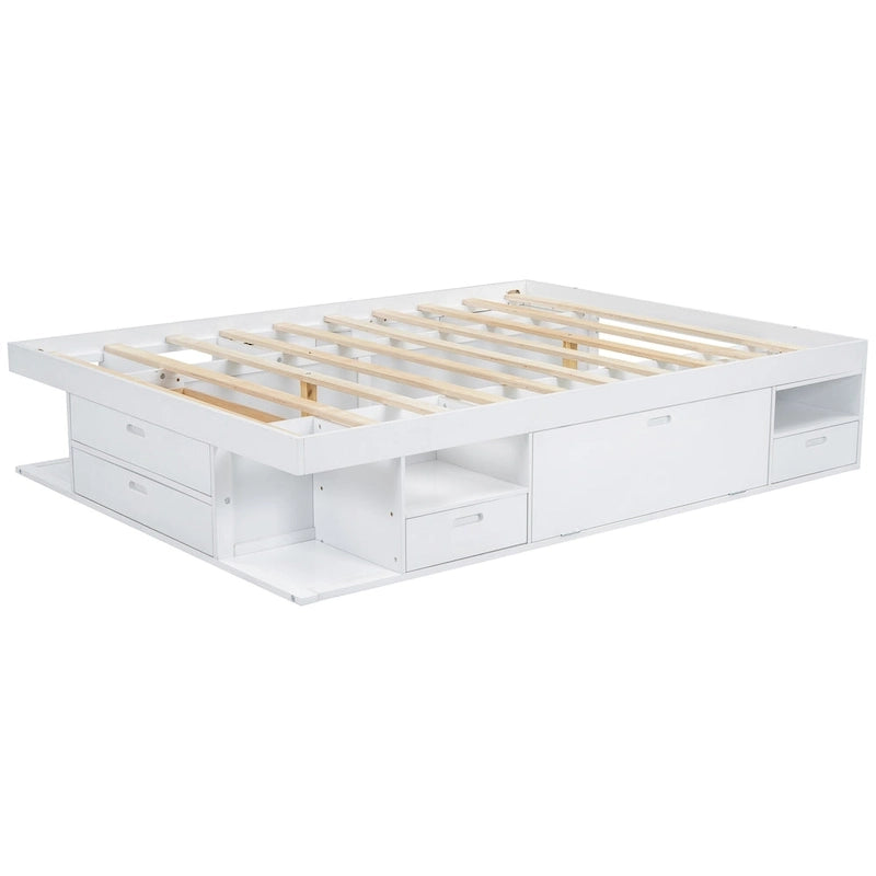 White Queen Platform Bed - with 6 Drawers & Storage Shelves