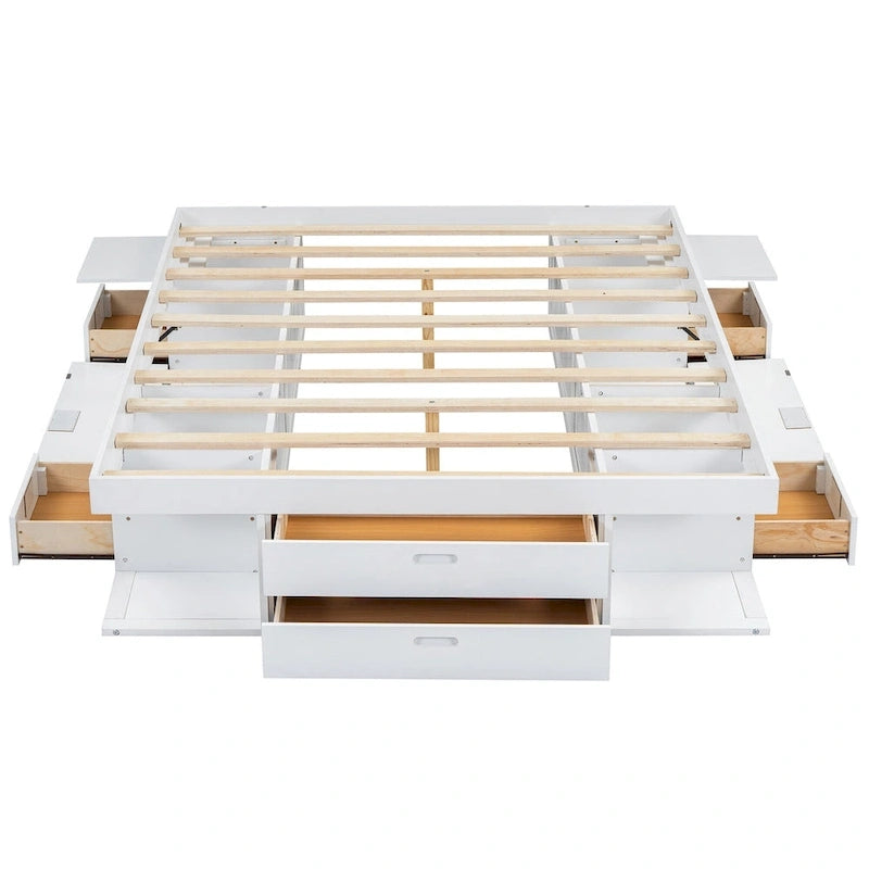 White Queen Platform Bed - with 6 Drawers & Storage Shelves