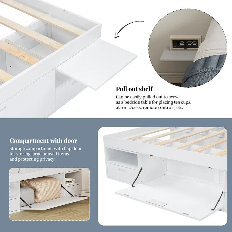White Queen Platform Bed - with 6 Drawers & Storage Shelves
