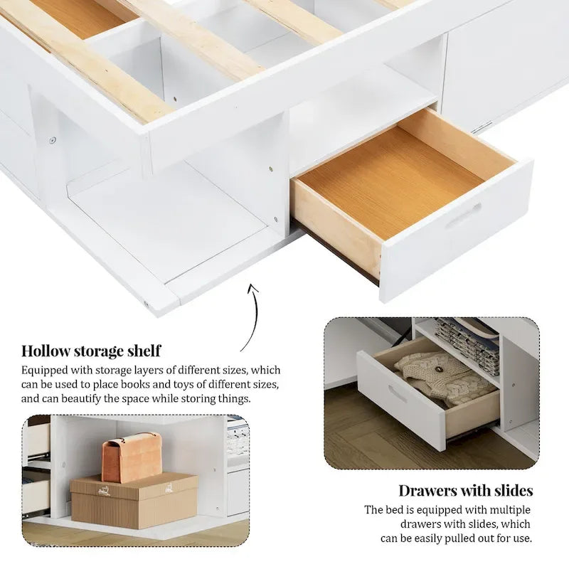White Queen Platform Bed - with 6 Drawers & Storage Shelves