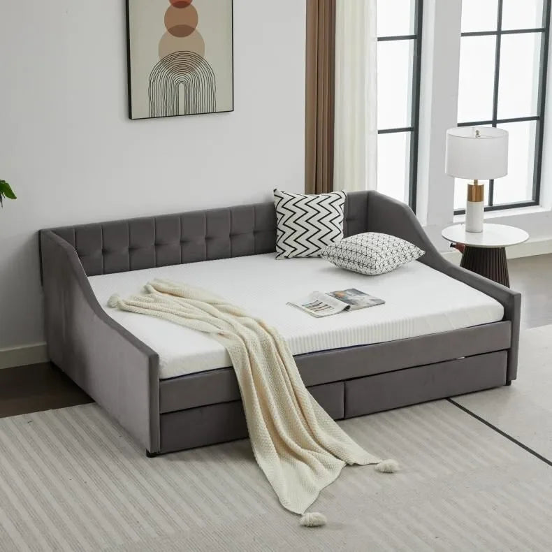Cotton Upholstered Twin Daybed - with 2 Storage Drawers