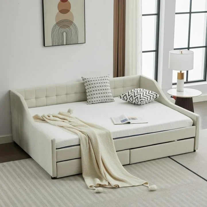 Cotton Upholstered Twin Daybed - with 2 Storage Drawers
