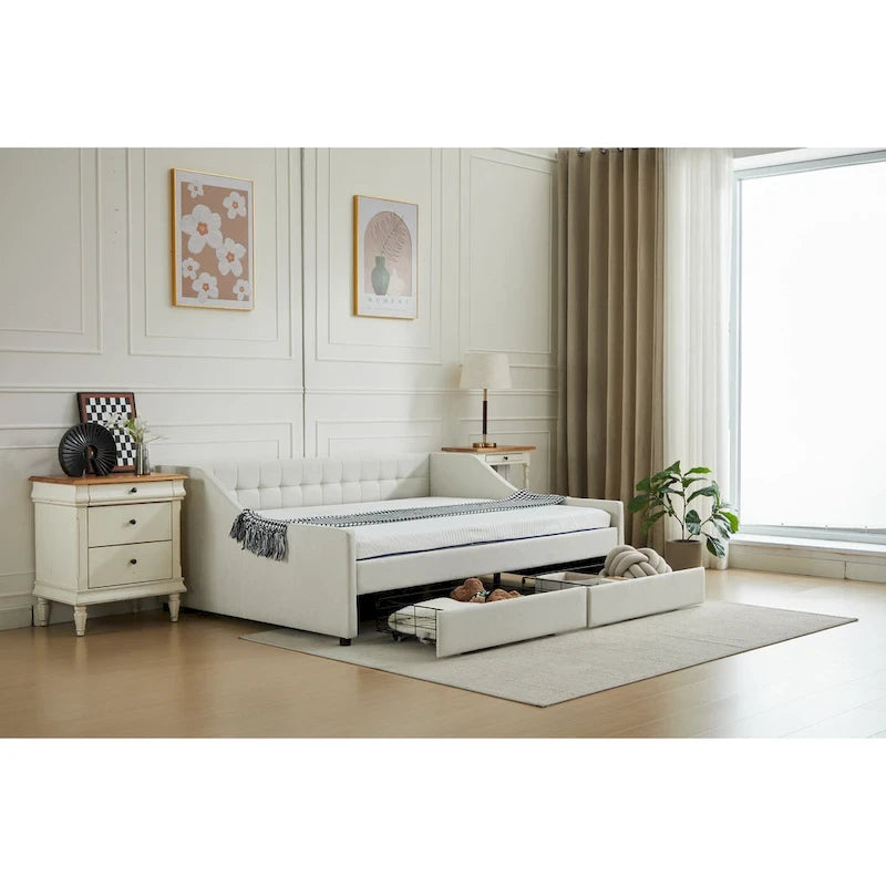 Cotton Upholstered Twin Daybed - with 2 Storage Drawers