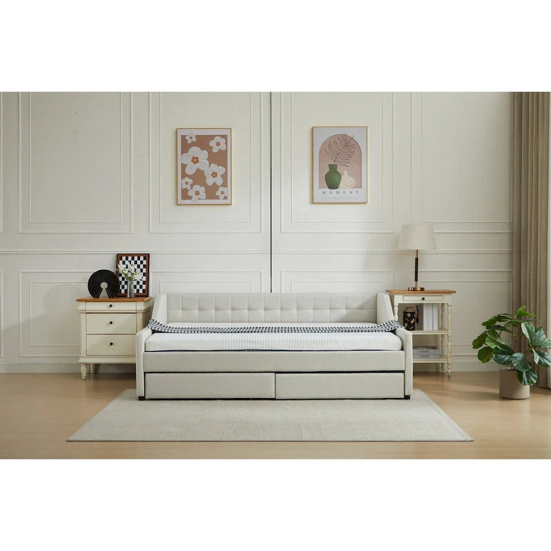 Cotton Upholstered Twin Daybed - with 2 Storage Drawers