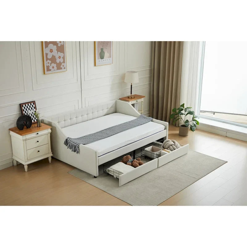 Cotton Upholstered Twin Daybed - with 2 Storage Drawers