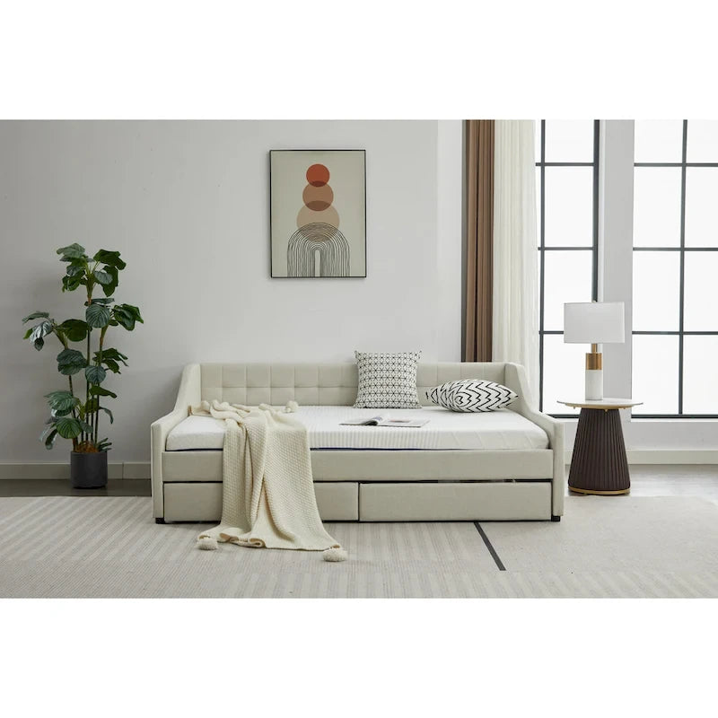 Cotton Upholstered Twin Daybed - with 2 Storage Drawers