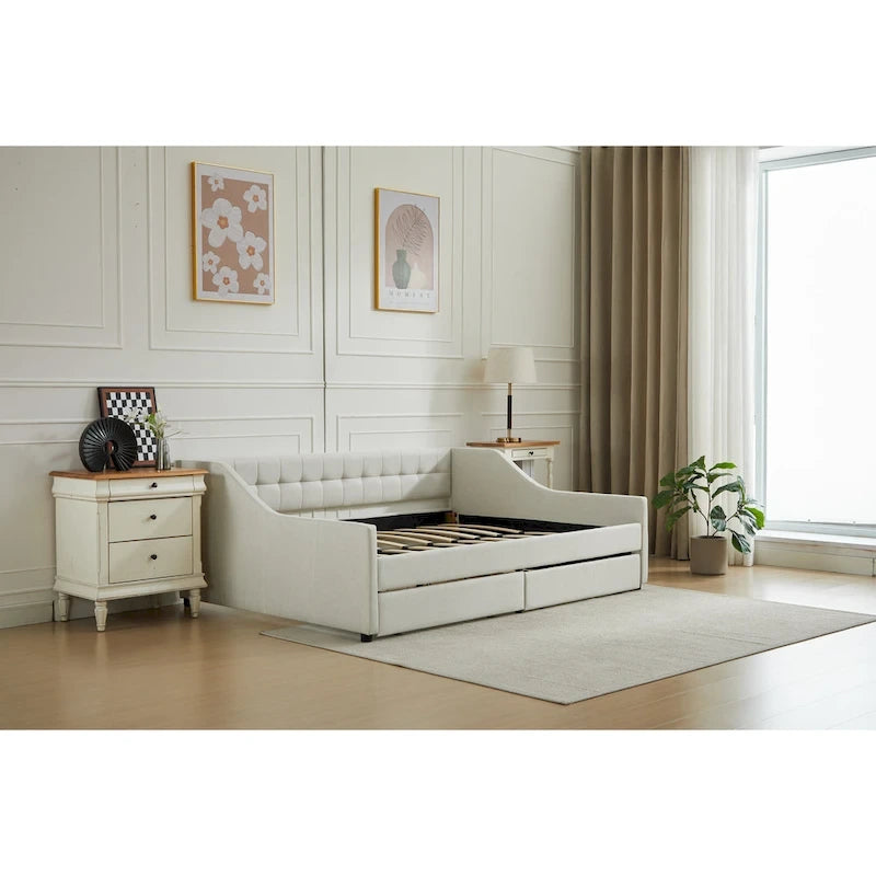 Cotton Upholstered Twin Daybed - with 2 Storage Drawers