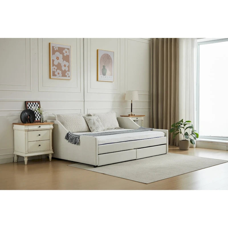 Cotton Upholstered Twin Daybed - with 2 Storage Drawers