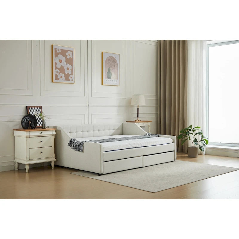 Cotton Upholstered Twin Daybed - with 2 Storage Drawers