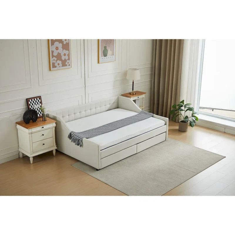Cotton Upholstered Twin Daybed - with 2 Storage Drawers