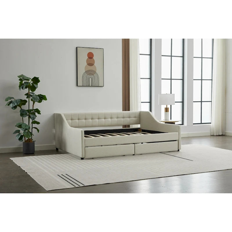Cotton Upholstered Twin Daybed - with 2 Storage Drawers