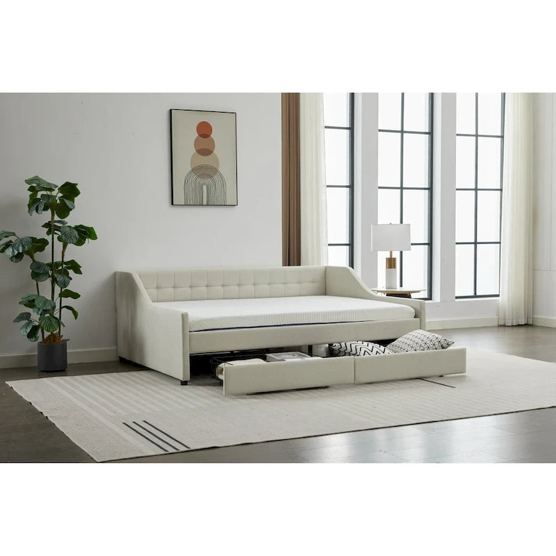 Cotton Upholstered Twin Daybed - with 2 Storage Drawers