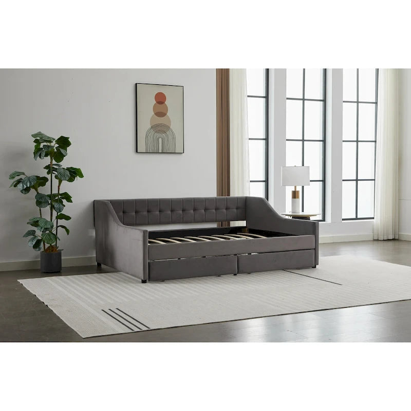 Cotton Upholstered Twin Daybed - with 2 Storage Drawers