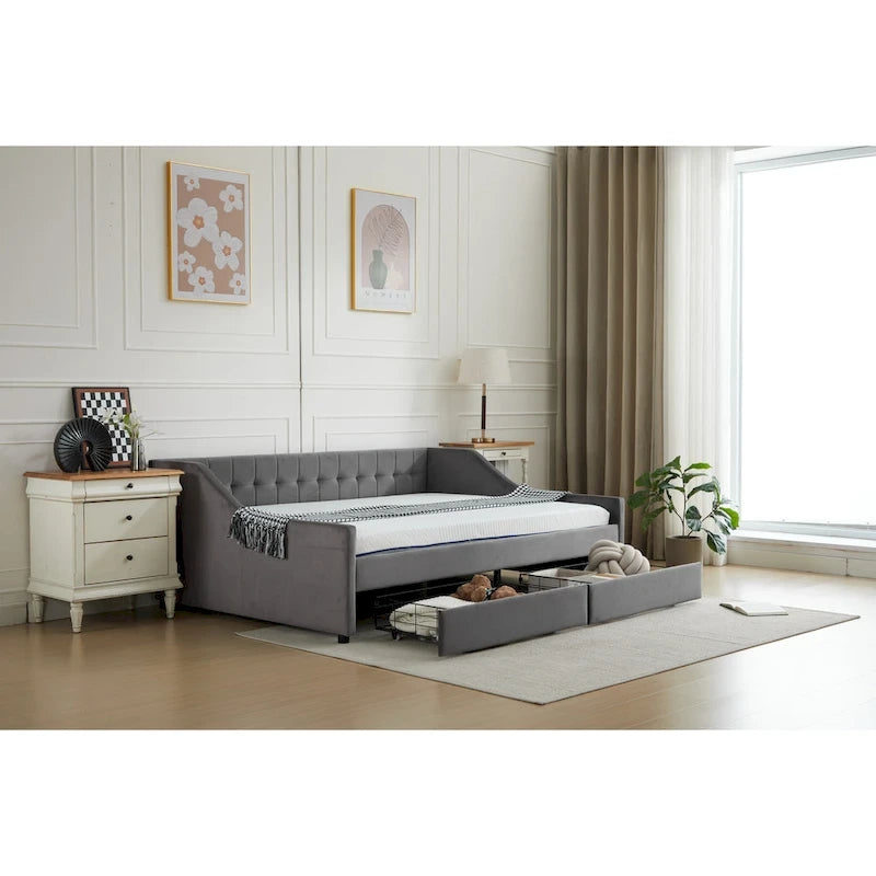 Cotton Upholstered Twin Daybed - with 2 Storage Drawers