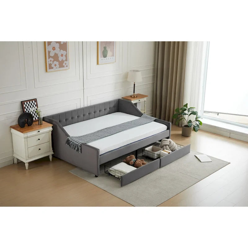 Cotton Upholstered Twin Daybed - with 2 Storage Drawers