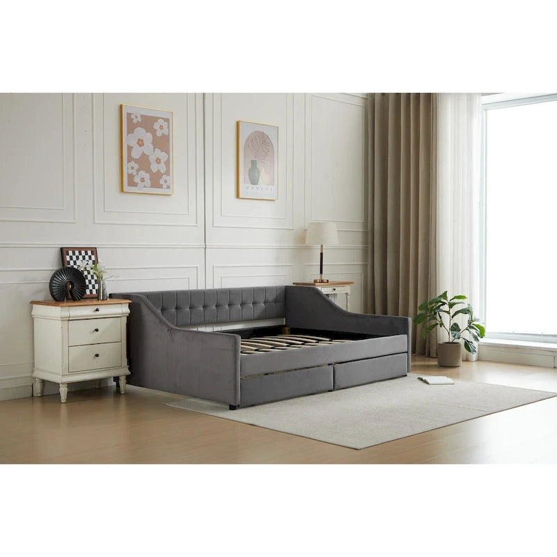 Cotton Upholstered Twin Daybed - with 2 Storage Drawers