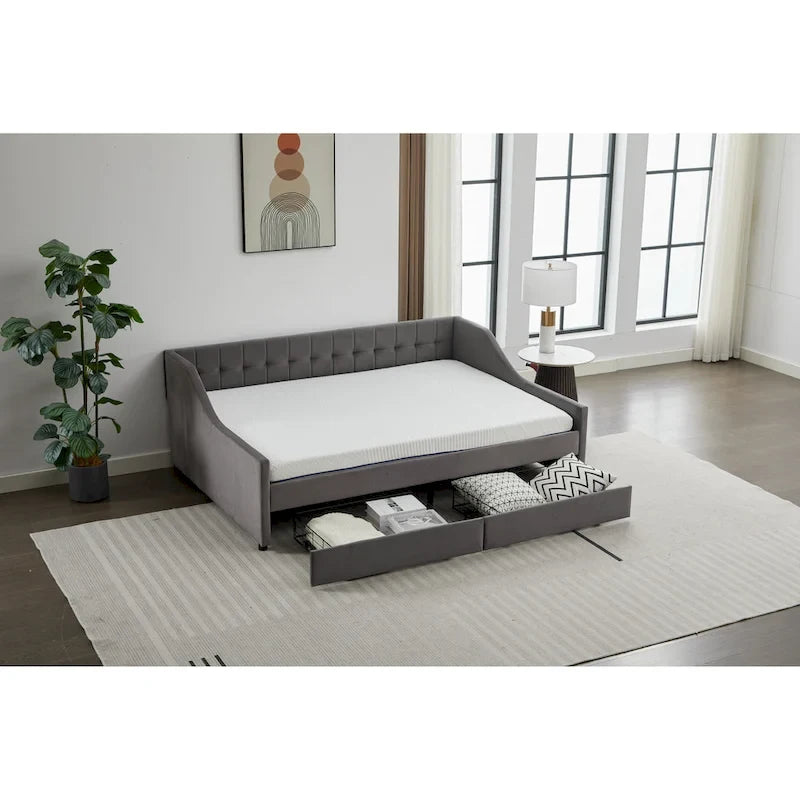 Cotton Upholstered Twin Daybed - with 2 Storage Drawers