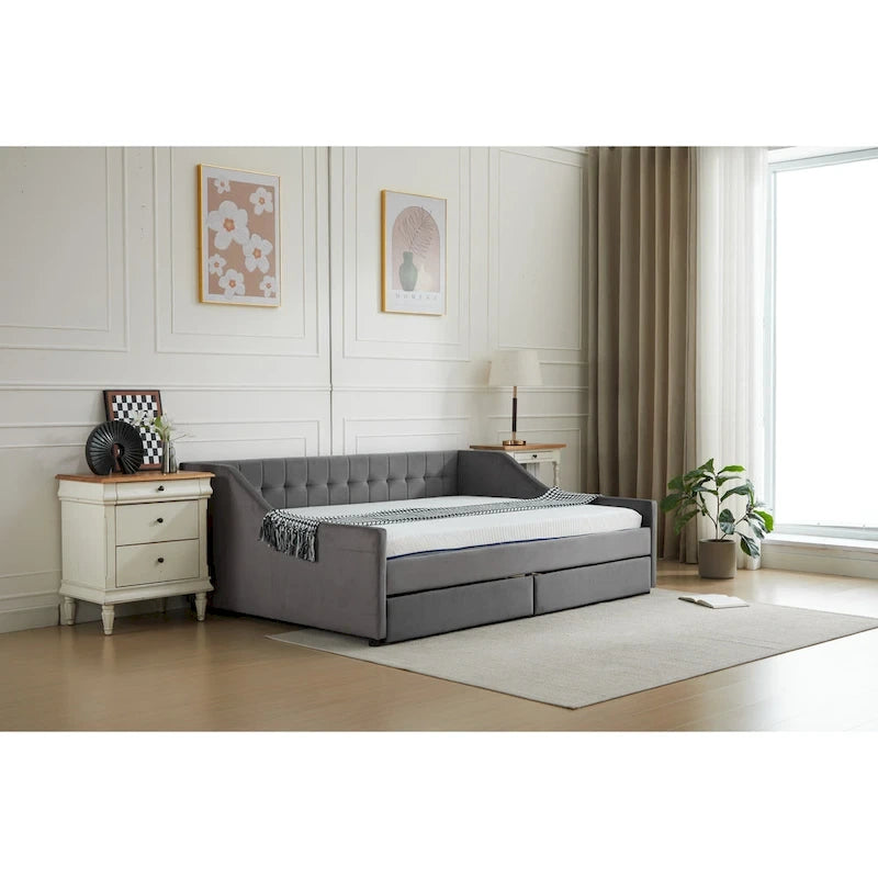 Cotton Upholstered Twin Daybed - with 2 Storage Drawers