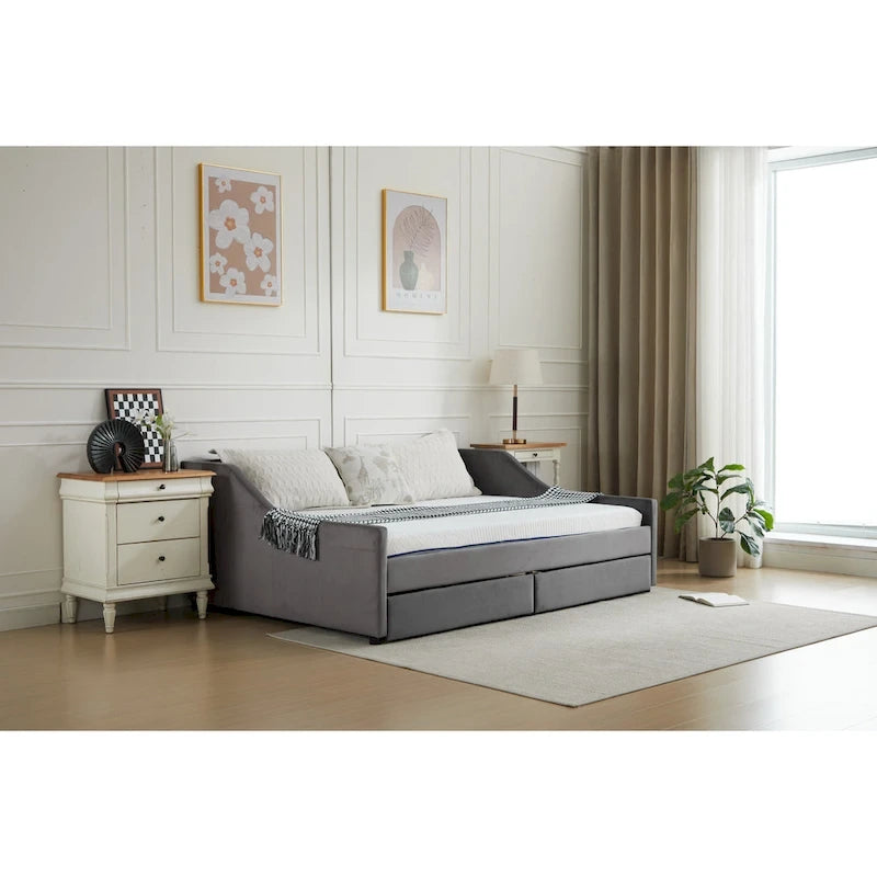 Cotton Upholstered Twin Daybed - with 2 Storage Drawers