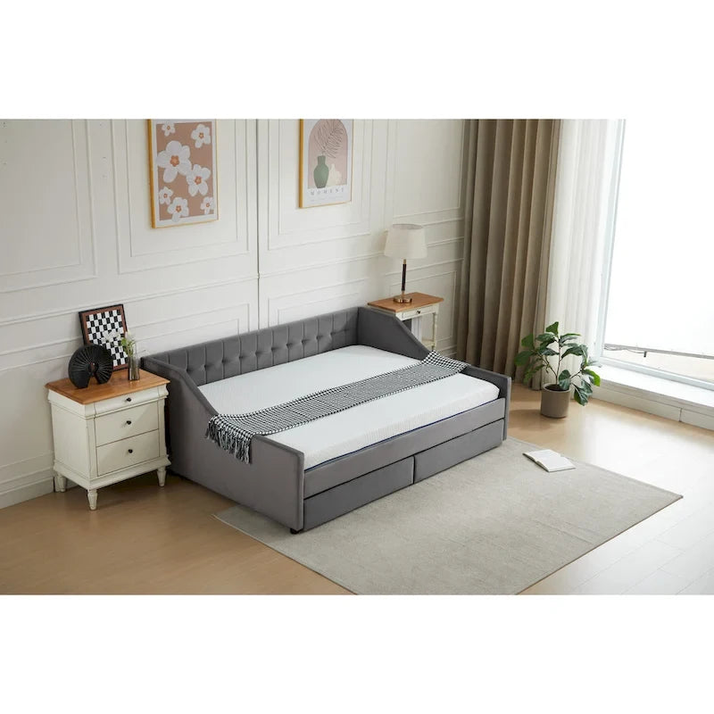 Cotton Upholstered Twin Daybed - with 2 Storage Drawers