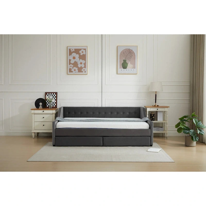 Cotton Upholstered Twin Daybed - with 2 Storage Drawers