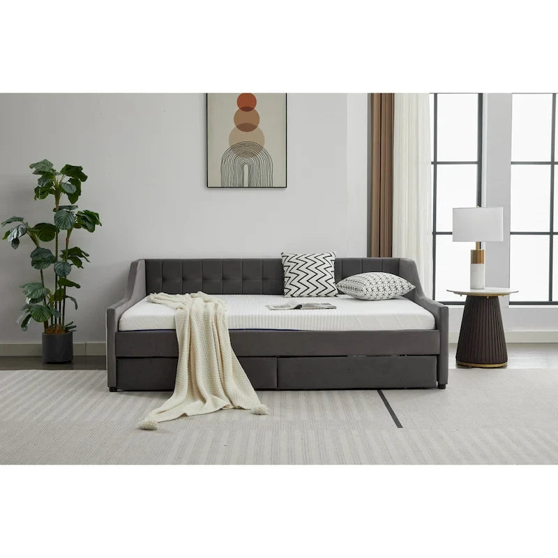 Cotton Upholstered Twin Daybed - with 2 Storage Drawers