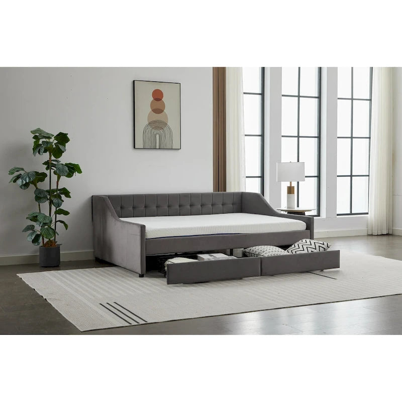 Cotton Upholstered Twin Daybed - with 2 Storage Drawers