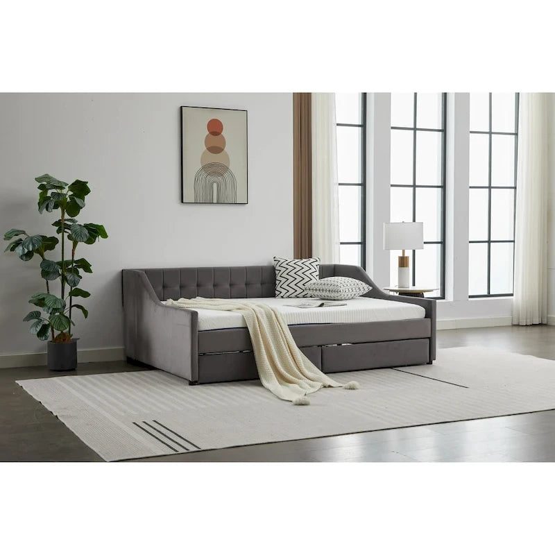 Cotton Upholstered Twin Daybed - with 2 Storage Drawers