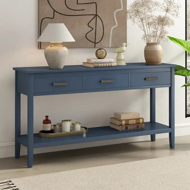 Natural Wood Console Table - 3 Drawers with Shelf