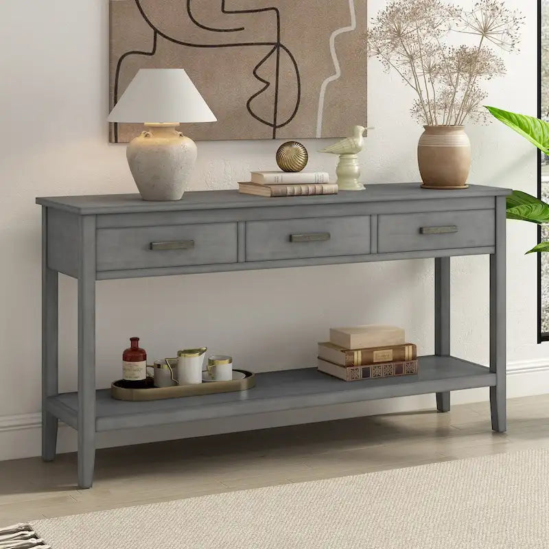 Natural Wood Console Table - 3 Drawers with Shelf