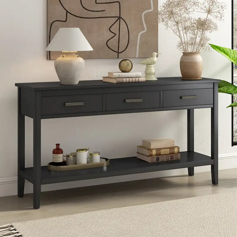 Natural Wood Console Table - 3 Drawers with Shelf