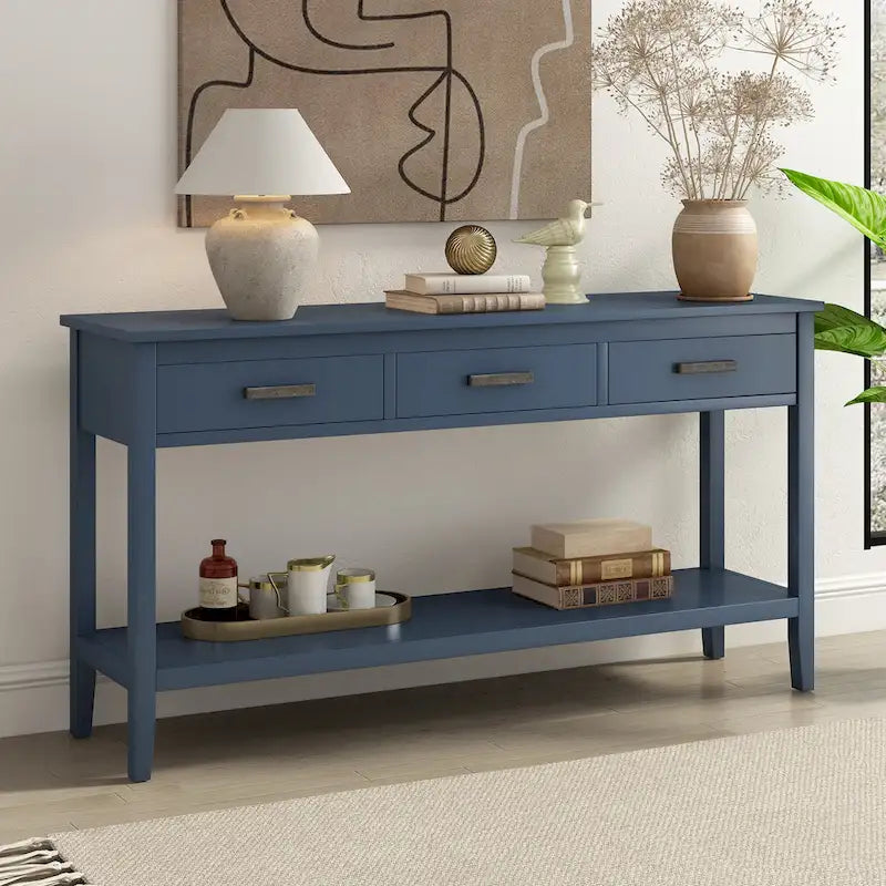 Natural Wood Console Table - 3 Drawers with Shelf