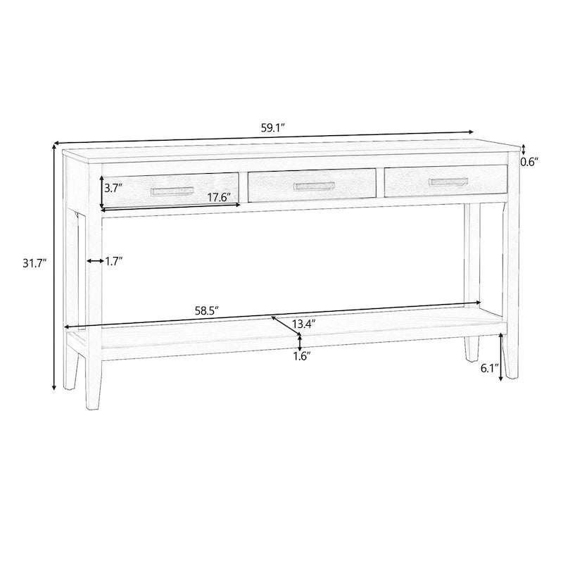 Natural Wood Console Table - 3 Drawers with Shelf
