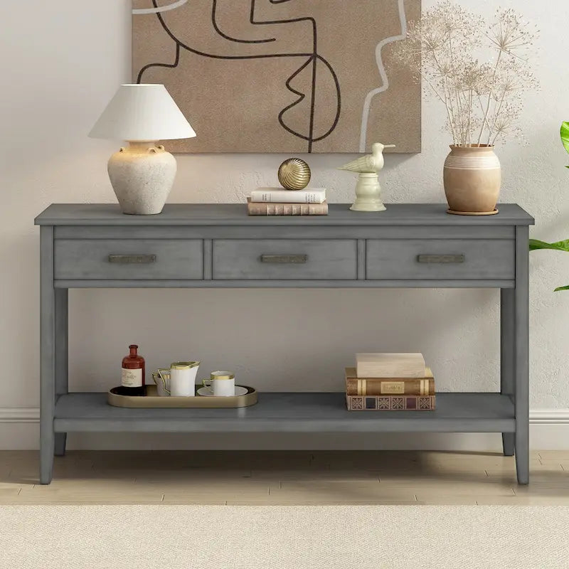 Natural Wood Console Table - 3 Drawers with Shelf