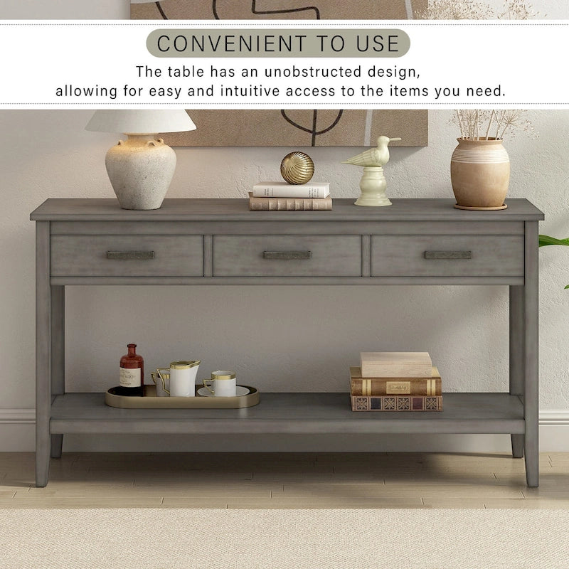 Natural Wood Console Table - 3 Drawers with Shelf