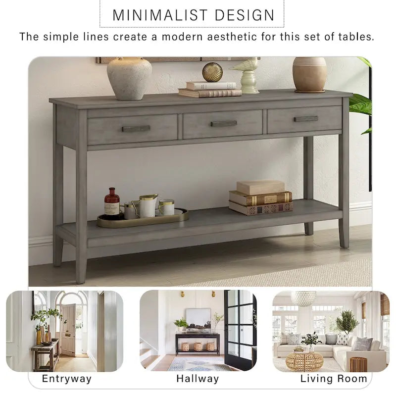 Natural Wood Console Table - 3 Drawers with Shelf