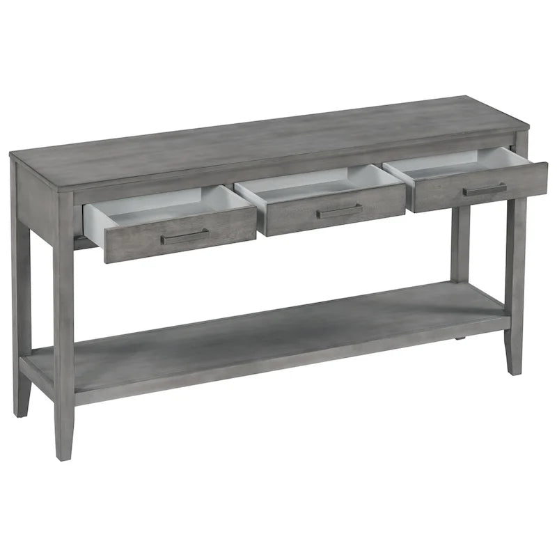 Natural Wood Console Table - 3 Drawers with Shelf