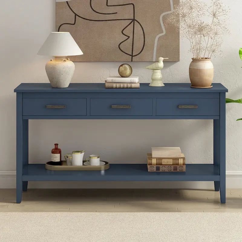 Natural Wood Console Table - 3 Drawers with Shelf