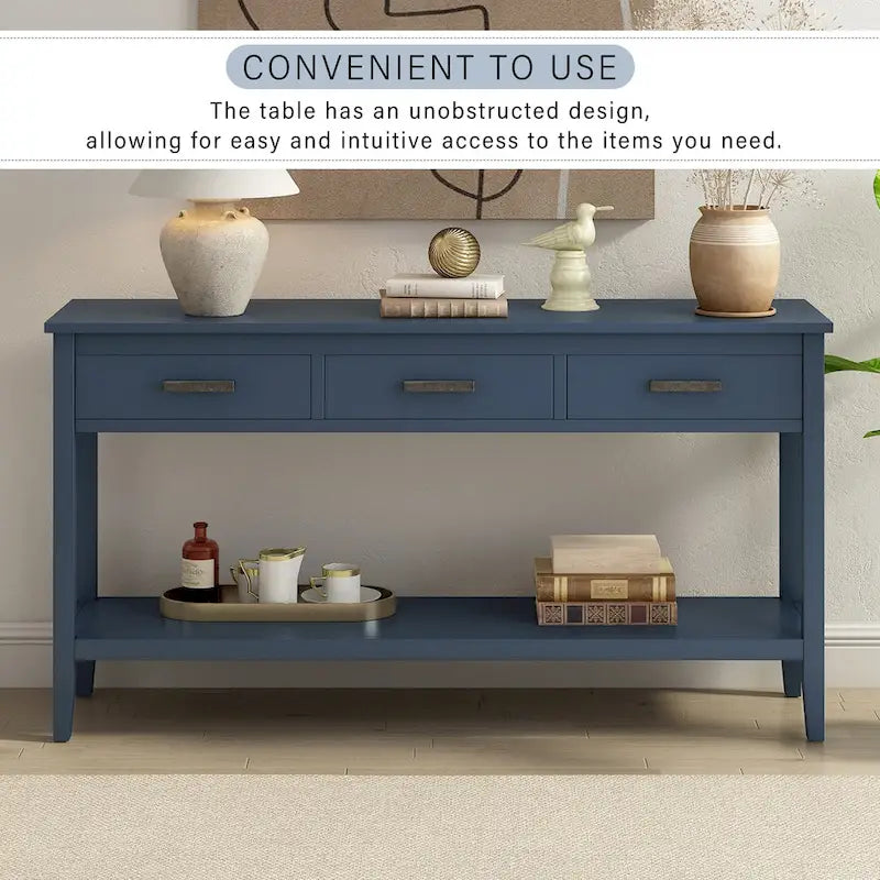 Natural Wood Console Table - 3 Drawers with Shelf